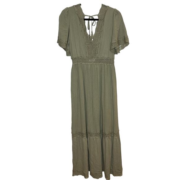 Ivy May Dresses & Skirts - Ivy May Sage Green V Neck Maxi Dress with Lace Detailing Size Medium